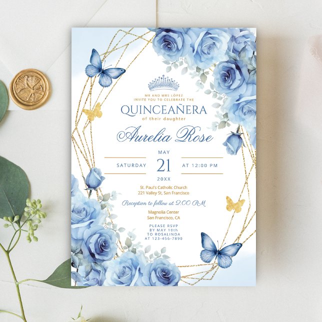 Quinceañera Blue Floral Gold Rahmen Butterfly Crow Einladung (Von Creator hochgeladen)