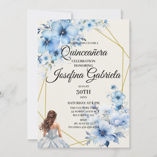 Quinceañera blue floral Invitation Einladung (Vorderseite)