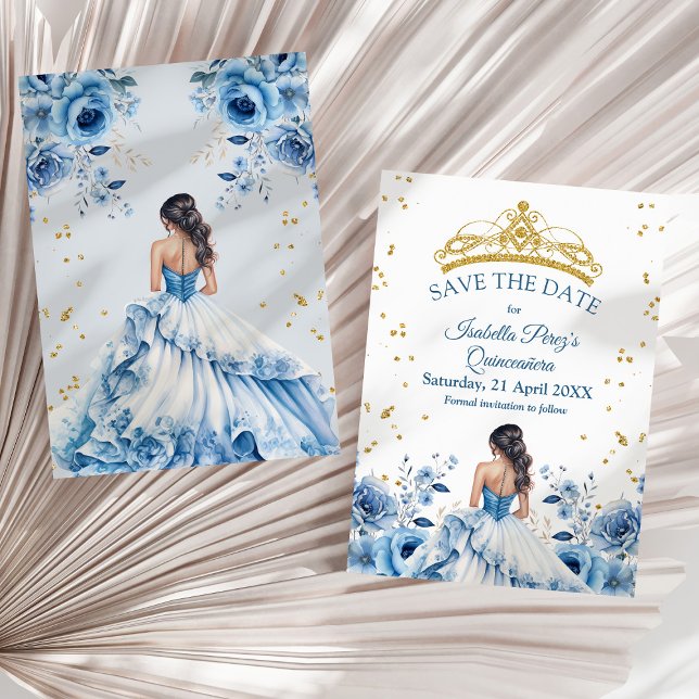 Quinceanera Blue Floral Princess Save the Date Einladung (Quinceanera Blue Floral Princess Save the Date Invitation on a sunny neutral dry palm leaf.)