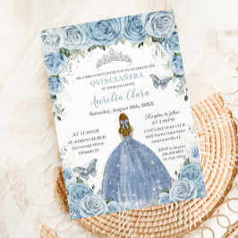 Quinceanera Blue Floral Silver Butterfells Blonde Einladung