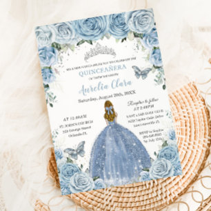Quinceañera Blue Floral Silver Butterflies Blonde Einladung
