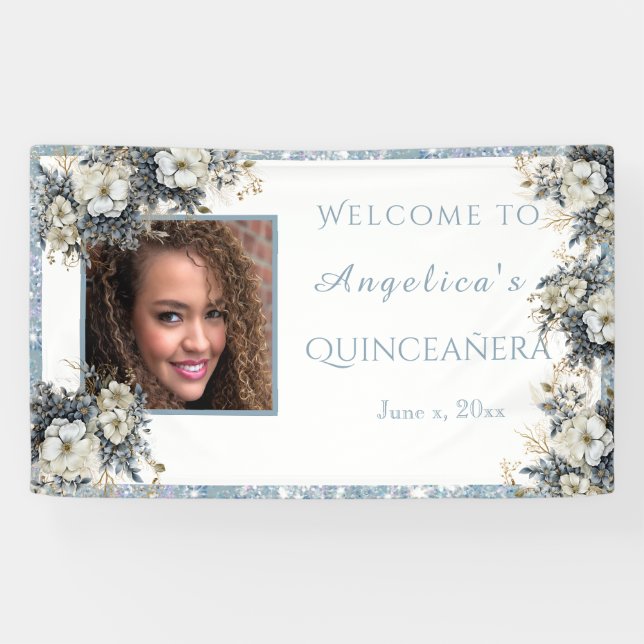 Quinceanera Blue Glitzer Watercolor Blume Banner (Horizontal)