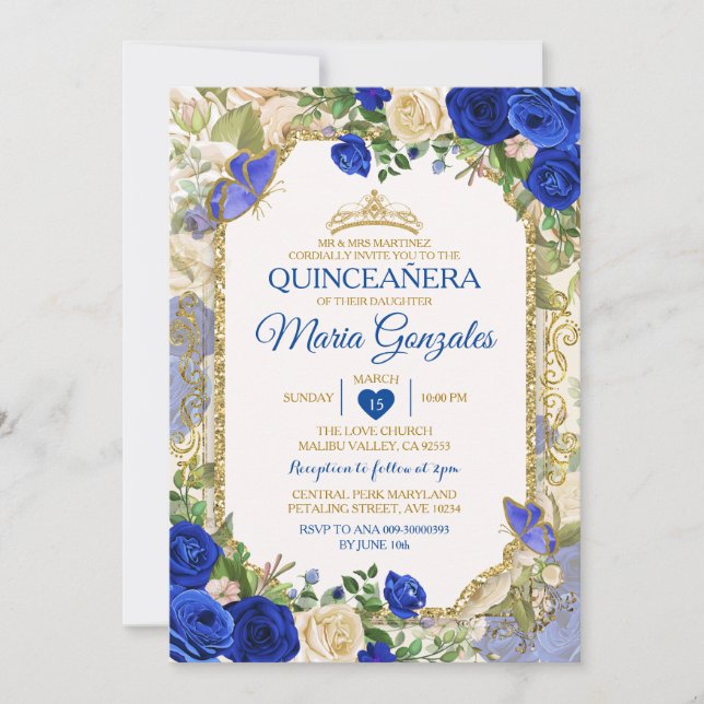 Quinceañera Blue & Gold Crown Mexican Butterfly Einladung (Vorderseite)