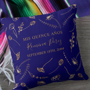 Quinceanera Blue Gold Wildblume Mis Quince Anos Kissen