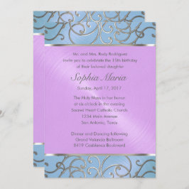 Quinceanera Blue Lila Silver Filigree Wirbel Einladung