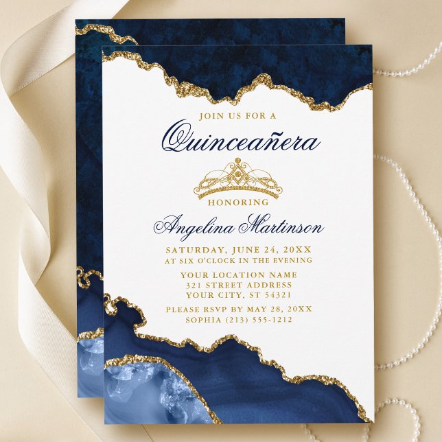 Quinceanera Blue Marble Gold Crown Einladung (Customize to change text size, text color or text style.)