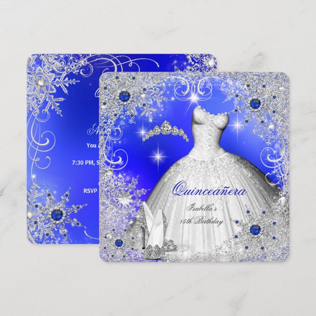 Quinceanera Blue Pearl Silver Winter Schneeflocken Einladung (Vorne/Hinten)