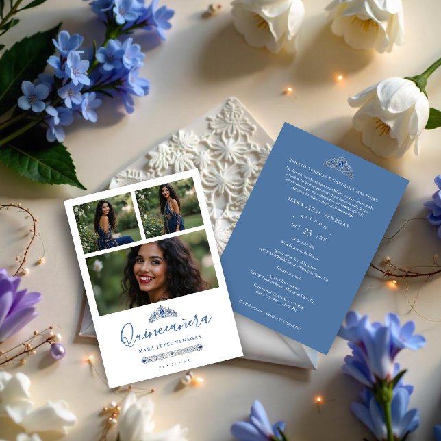 Quinceañera Blue Princess Tiara 3-Photos Spanish Einladung (Sophisticated Blue Princess Quinceañera Tiara 3-Photos Invitation Cards in Spanish.)