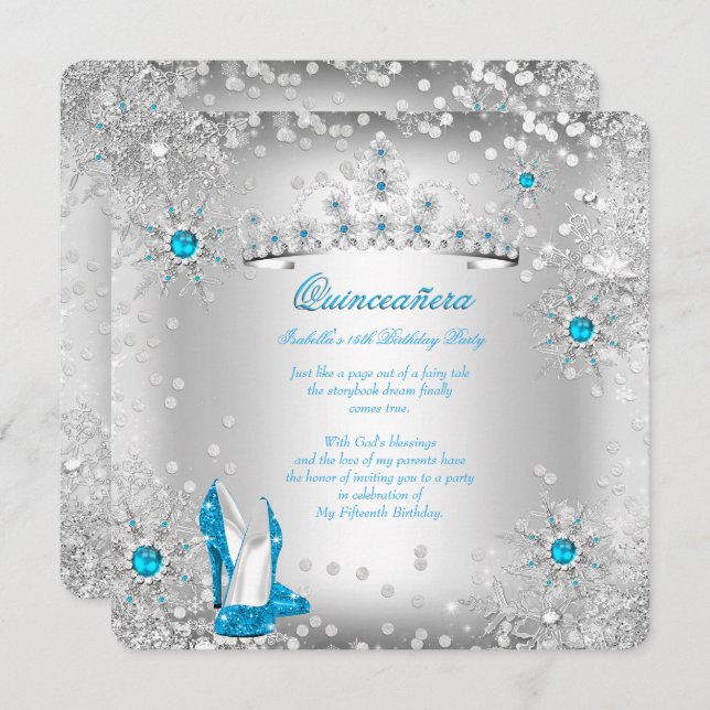 Quinceanera Blue Silver Winter Wonderland Einladung (Vorne/Hinten)