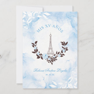 Quinceañera Blue Watercolor Chic Paris Eiffel Einladung