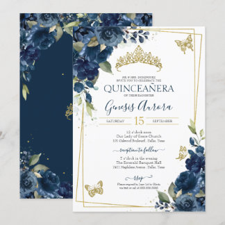 Quinceañera Blue Watercolor Floral Gold Butterfly Einladung