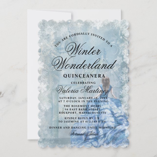 Quinceanera Blue Winter Wonderland Princess Einladung (Vorderseite)