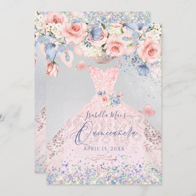 Quinceanera Blues Rosa Glitzer Gourmet Einladung (Vorne/Hinten)