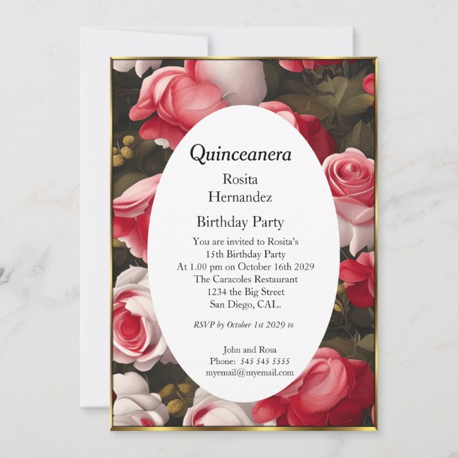 Quinceanera Blume Rosa Rosen Geburtstag Einladung (Vorderseite)