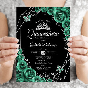Quinceanera-Blumen Emeraldgrün Silber Schwarz Einladung