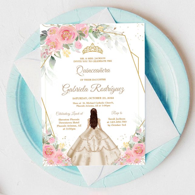 Quinceanera-Blumen Pink Gold Einladung (Von Creator hochgeladen)