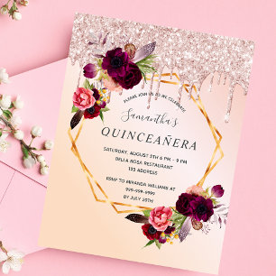 Quinceanera Blumen rose-gold glänzende Einladung Postkarte