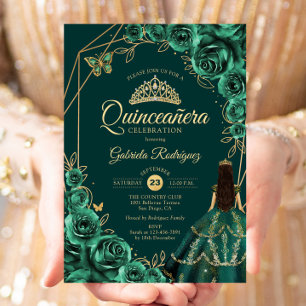Quinceanera-Blumen Smaragd-Gold-Kleid Einladung