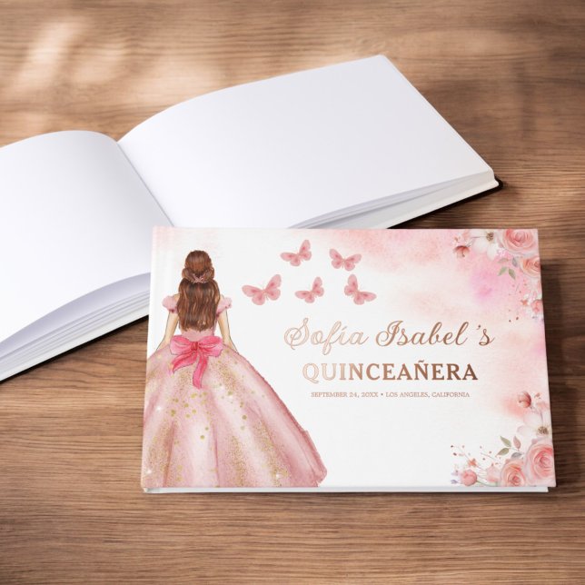 Quinceañera Blush Bloral Prinzessin Butterfells Go Gästebuch (Von Creator hochgeladen)