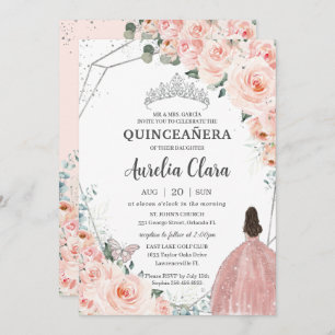 Quinceañera Blush Bloral Prinzessin Silver Crown Einladung