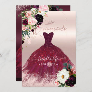 Quinceanera Blush Burgund Wasserfarben Blume Einladung
