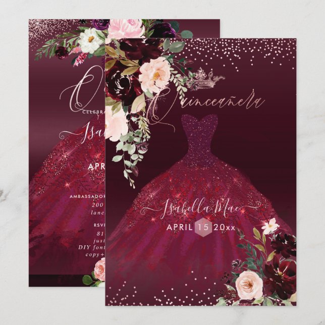 Quinceanera Blush Burgund Wasserfarben Blume Einladung (Vorne/Hinten)