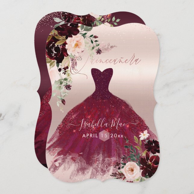 Quinceanera Blush Burgund Wasserfarben Blume Einladung (Vorne/Hinten)