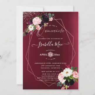 Quinceanera Blush Burgund Wasserfarben Blume Einladung
