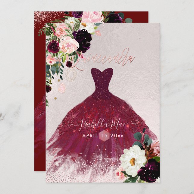 Quinceanera Blush Burgund Wasserfarben Blume Einladung (Vorne/Hinten)