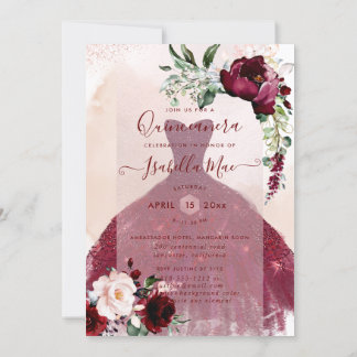 Quinceanera Blush Burgund Wasserfarben Blume Einladung