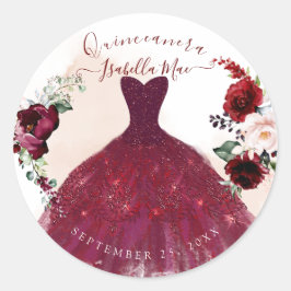 Quinceanera Blush Burgund Wasserfarben Blume Runder Aufkleber