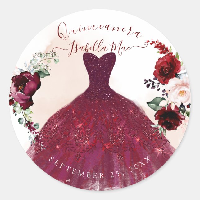 Quinceanera Blush Burgund Wasserfarben Blume Runder Aufkleber (Vorderseite)
