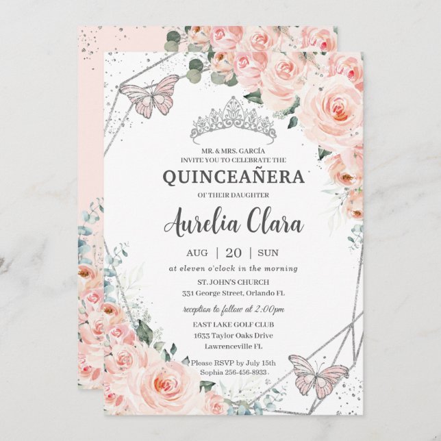 Quinceañera Blush Floral Butterfliegen Silver Crow Einladung (Vorne/Hinten)