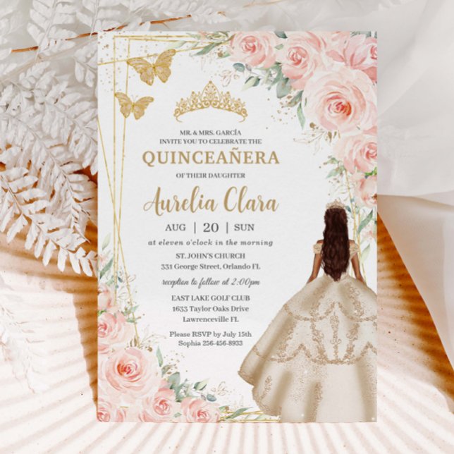 Quinceanera Blush Floral Champagner Kleid Gown Einladung (Von Creator hochgeladen)