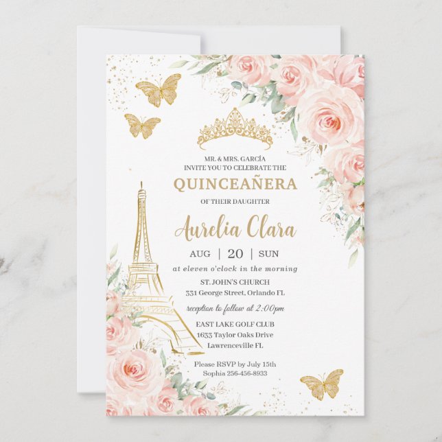 Quinceañera Blush Floral Paris Eiffel Champagne Einladung (Vorderseite)