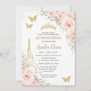 Quinceañera Blush Floral Paris Eiffel Champagne Einladung