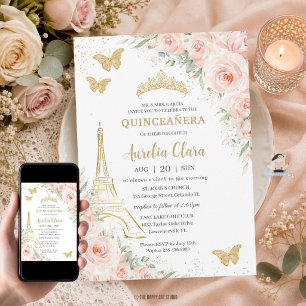 Quinceañera Blush Floral Paris Eiffel Champagne Einladung