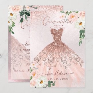 Quinceañera, Blush Floral Sparkle Gown Rose Gold Einladung