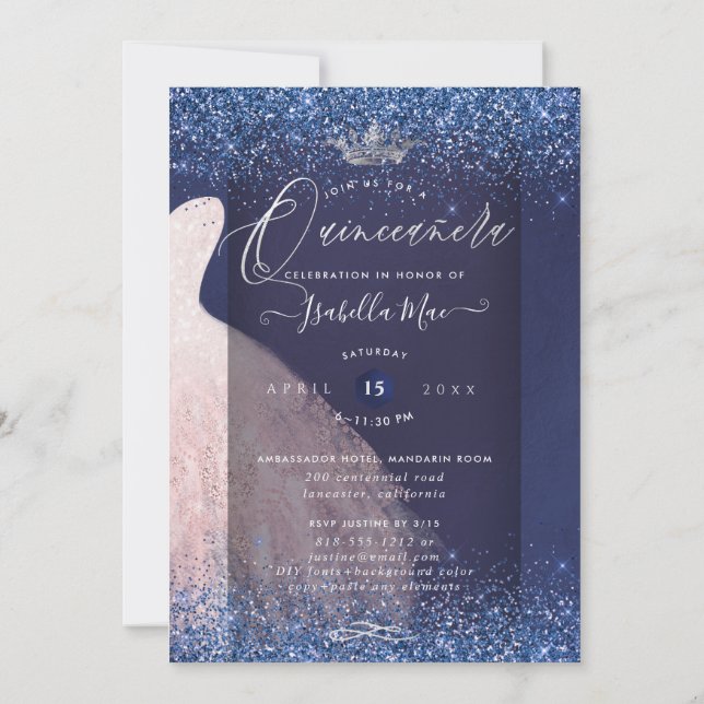Quinceanera Blush Glitzer Going + Navy Blue Einladung (Rückseite)