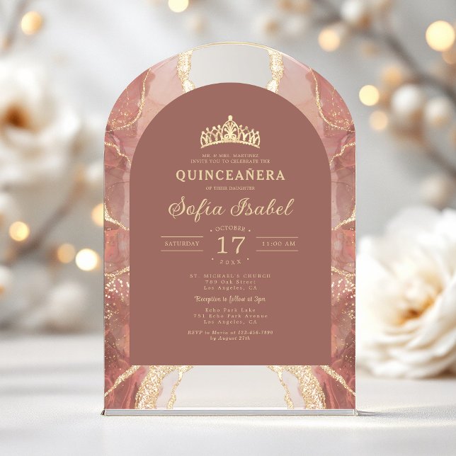 Quinceañera Blush Gold Agate Elegante Acryleinladungen (Von Creator hochgeladen)
