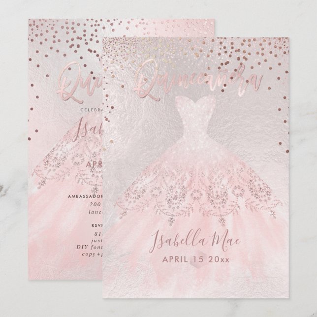 Quinceanera Blush Gown+Confetti Iridescent Bckgran Einladung (Vorne/Hinten)
