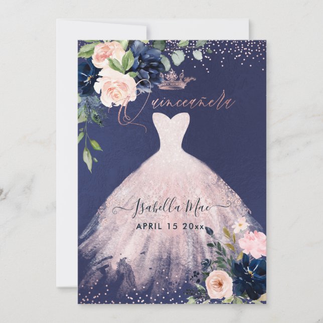 Quinceanera Blush Navy Blue Watercolor Blume Inv Einladung (Vorderseite)
