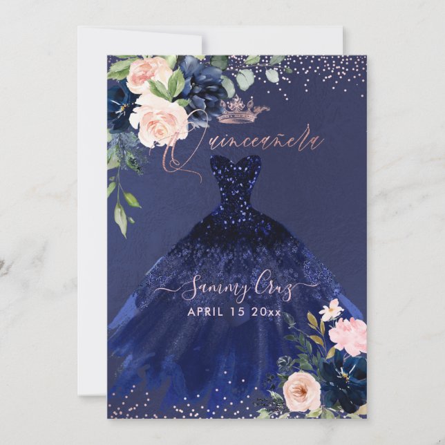 Quinceanera Blush Navy Blue Watercolor Blume Inv Einladung (Vorderseite)