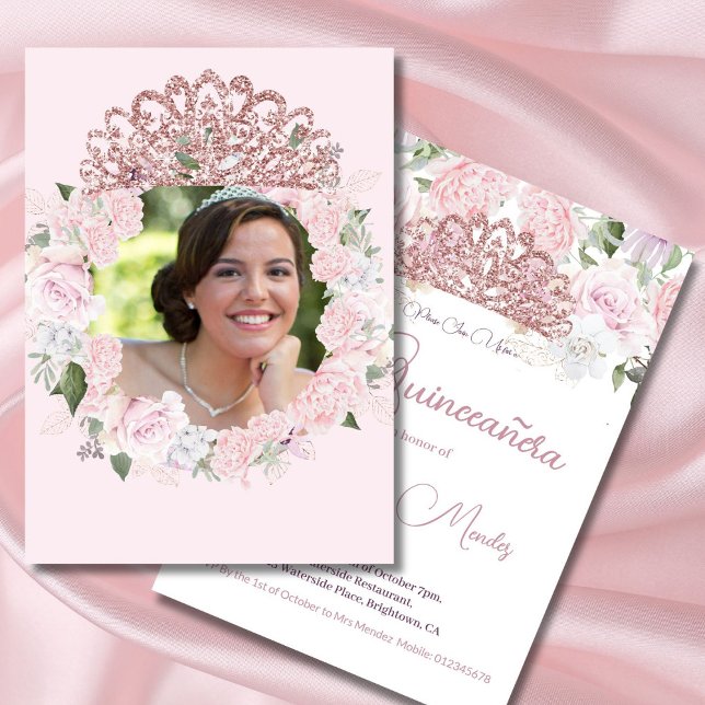 Quinceanera Blush Pink Aquarellfarben Foto Blütenf Einladung (Von Creator hochgeladen)