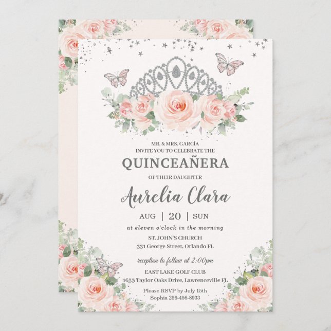 Quinceañera Blush Pink Bloral Crown Schmetterlinge Einladung (Vorne/Hinten)