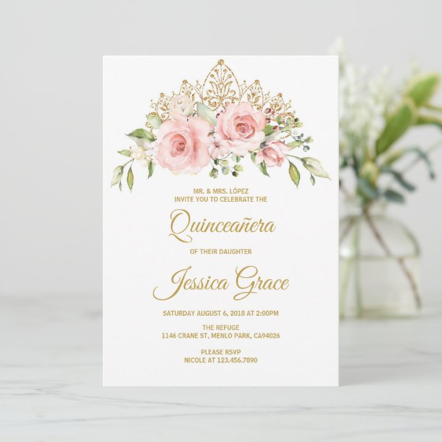 Quinceanera Blush Pink Blume, Mis Quince Einladung (Stehend Vorderseite)