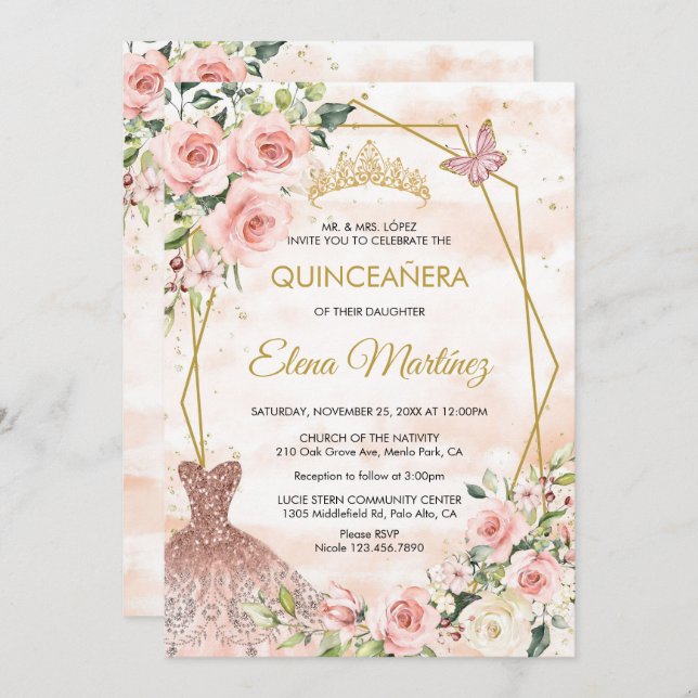 Quinceanera Blush Pink Blume Schmetterling Einladung (Vorne/Hinten)