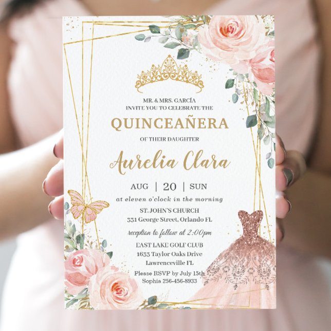 Quinceañera Blush Pink Blumenprinzessin Gown Tiara Einladung (Von Creator hochgeladen)