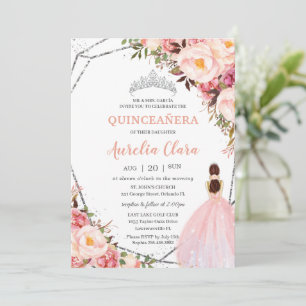 Quinceañera Blush Pink Blumenprinzessin Silver Inv Einladung