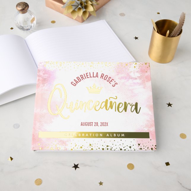Quinceañera Blush Pink Crown Script Real Gold Foss Gästebuch (Vorderseite offen)